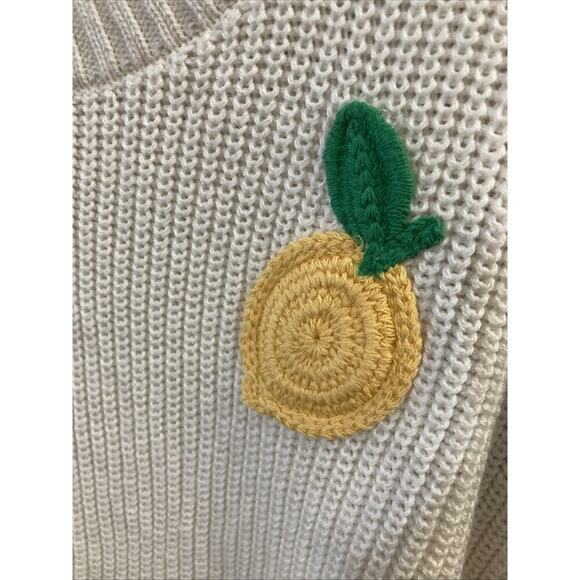 CYNTHIA ROWLEY Lemon Sweater Sz M New Ivory Crochet Fruit Embordered Cute - Picture 2 of 7